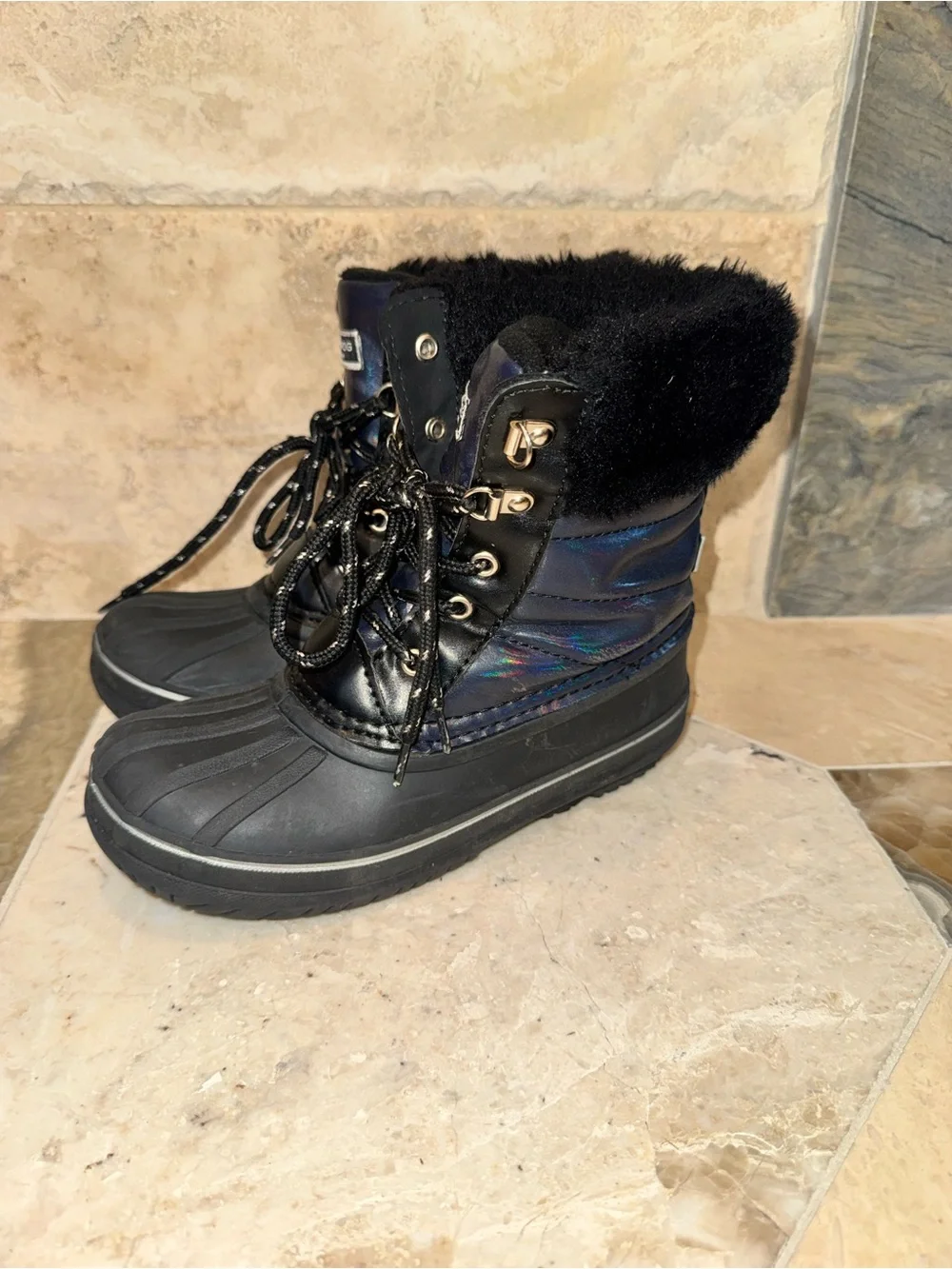 London Fog Kids Size 2 Bridger Black Faux Fur Winter Snow Boots